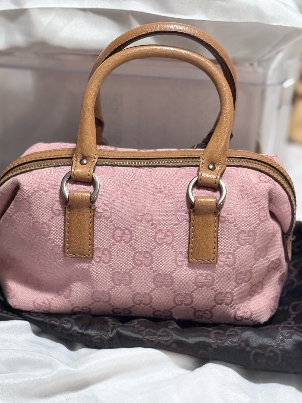 AUTHENTIC Preloved Gucci Pink GG Monogram Boston Bag